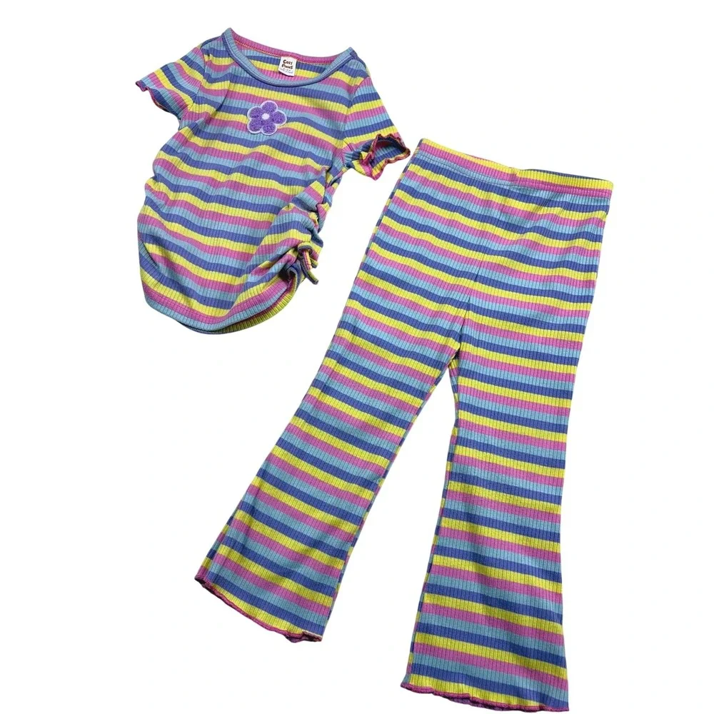 Cozy Pixies Toddler Girls Ribbed Stripe 2pc Set Top Flare Pants Purple 2-3Y